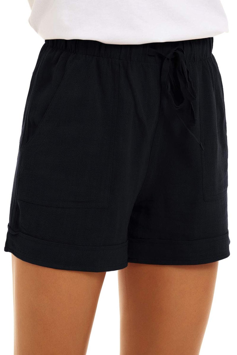 KINGFEN Womens Shorts Pull On Lounge Black Shorts for Women Casual Summer Beach Comfy Elastic Waist Drawstring Cotton Linen Short with Pockets Black Small - Image 2